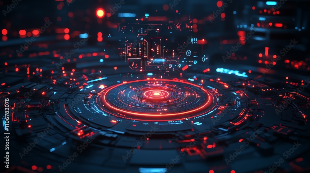 Aufkleber futuristic data hub with glowing red and blue circular interface, representing advanced technology a