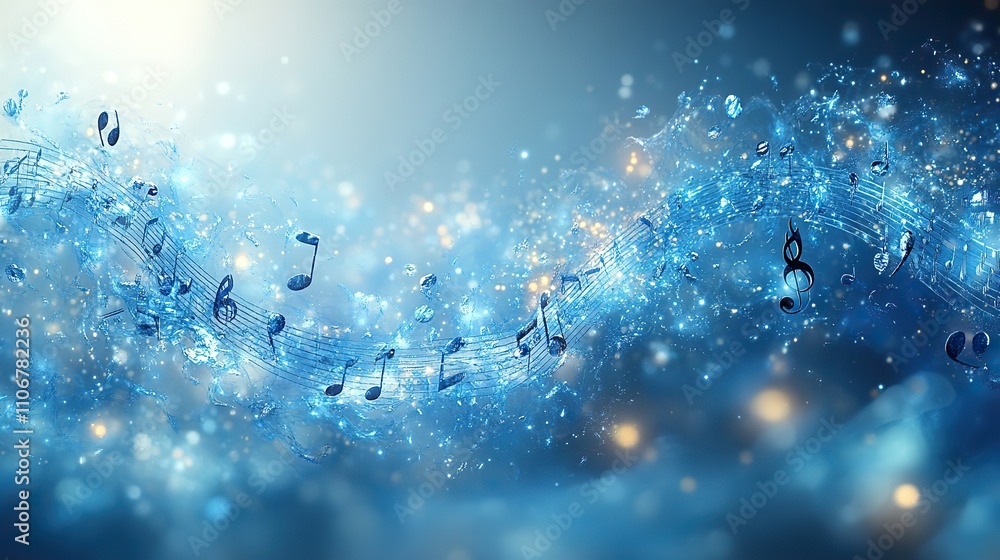 Poster a blue background with musical notes and a music staff is presented in a light blue color scheme, cr