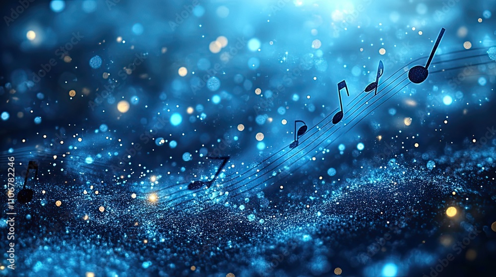 Poster a blue background with musical notes and a music staff is presented in a light blue color scheme, cr
