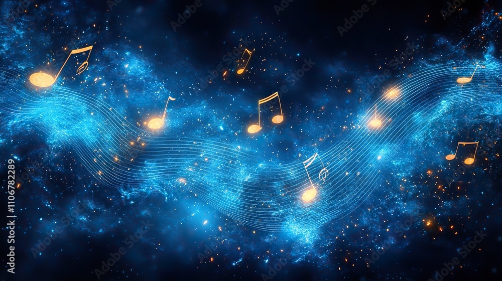 Poster a blue background with musical notes and white lines creates a simple and elegant design with a musi