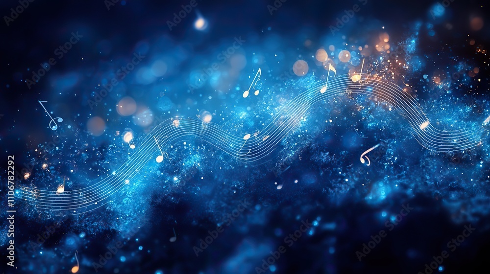 Poster a blue background with musical notes and white lines creates a simple and elegant design with a musi