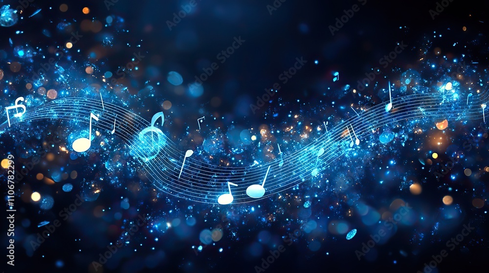 Poster a blue background with musical notes and white lines creates a simple and elegant design with a musi