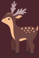Flat cartoon illustration of deer Christmas toy . Cute decoration for Christmas line style isolated on brown background.