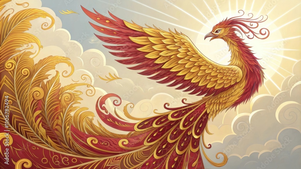 Aufkleber this vibrant phoenix detailed with intricate patterns of shimmering gold and ruby spirals through cl