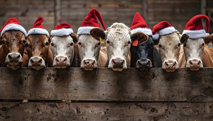Eight cows wearing Santa hats peek over a wooden fence. A festive Christmas scene with a heartwarming, rustic mood.