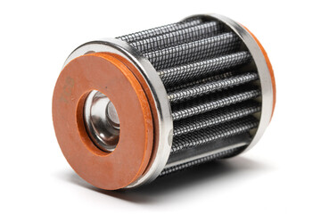 high flow type engine oil filter on white background. small oil filter usually used in small...