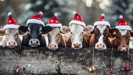 Five cows wearing Santa hats peek over a wooden fence, creating a festive winter scene.  A charming Christmas card image!