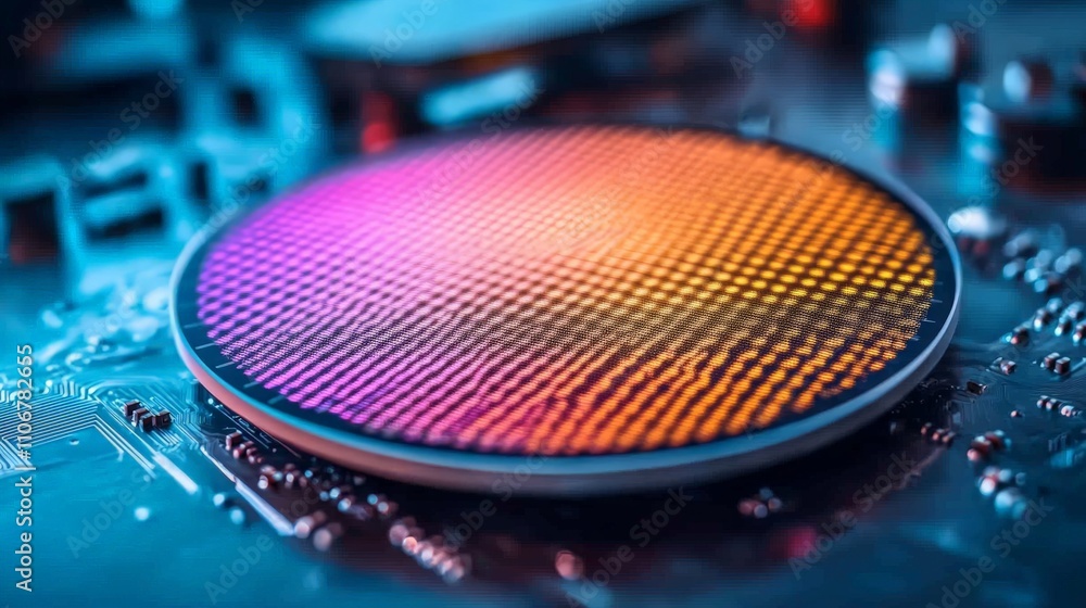 Poster macro view of a silicon wafer with a multicolored grid reflecting vibrant hues, representing technol