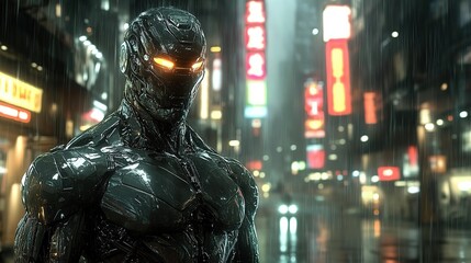 Obraz premium Futuristic cyborg stands in rainy cyberpunk city.