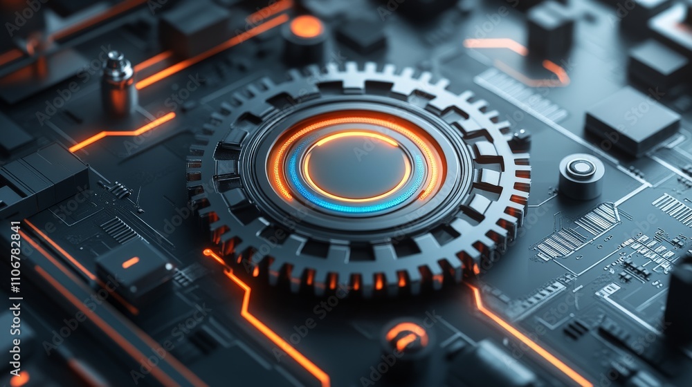 Aufkleber macro view of a mechanical cog embedded in a circuit board with glowing accents, symbolizing the syn