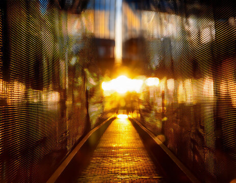 地下鉄のトンネルや高層ビルの影の中で光が広がり、都市内部の無限の可能性を象徴する　ビルの光と影が自己探求の舞台を映し出すアブストラクトで滑らかな背景イメージ