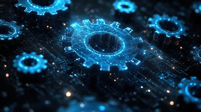 A blue gear-themed background with a faded effect, representing technology and digital networks, ideal for web design or business presentations