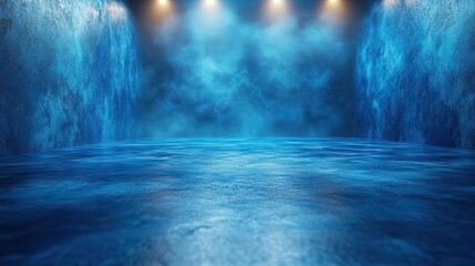 A blue gradient background with a blurred studio room provides a clean and modern space for product display