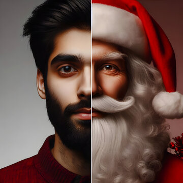 Geteilte Ansicht: der selbe junge Mann, linke Seite: normale Kleidung und mit Bart - rechte Seite: als Weihnachtsmann verkleidet.