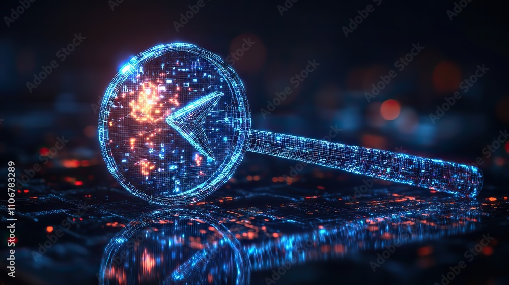 Poster a blue magnifying glass with an arrow pointing upwards in a low poly style on a dark background, rep