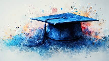 A blue graduation cap with a tassel, rendered in watercolor with a splash effect on a white background