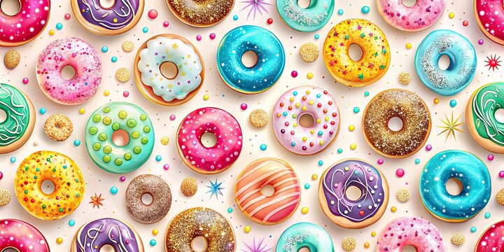 Seamless Pattern of Colorful Glazed Donuts on White Background for Girly Designs - Perfect for Print and Web Applications