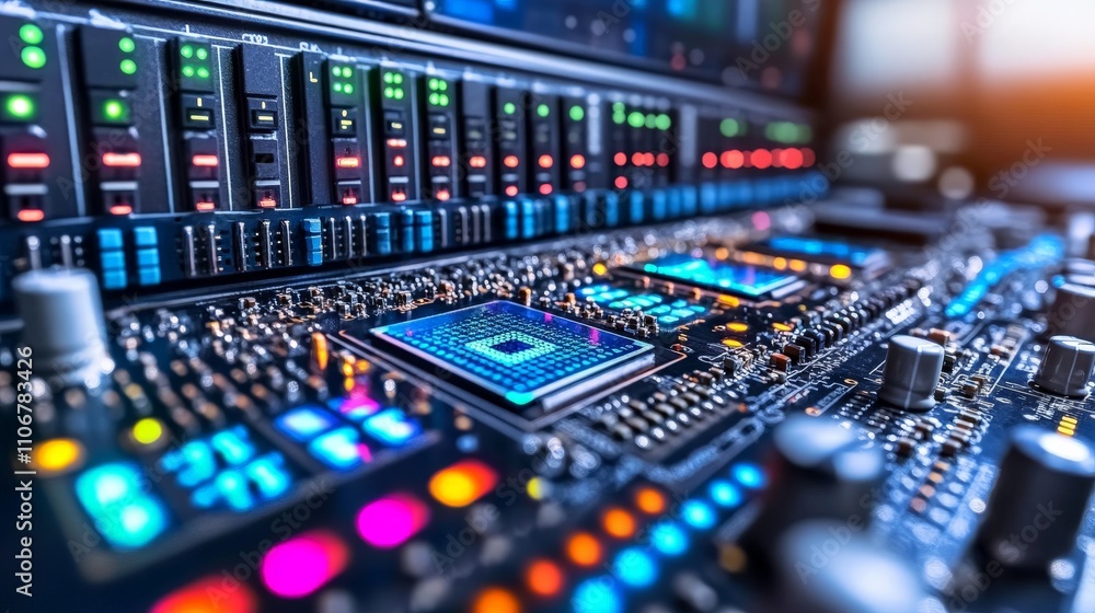 Poster high tech audio mixing console with glowing sliders, illuminated controls, and colorful led lights, 