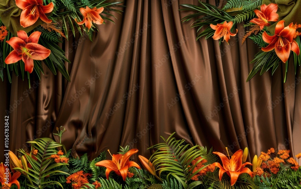 Poster mocha brown studio backdrop with a matte finish, mocha brown satin curtains with clusters of orange 
