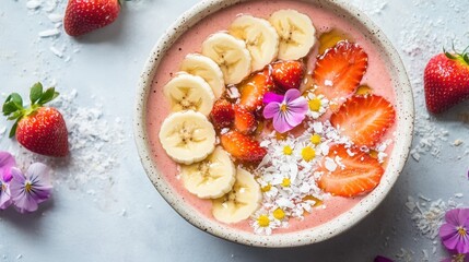 Obraz premium A vibrant fruit smoothie bowl topped with sliced bananas, strawberries, and a sprinkle of coconut flakes