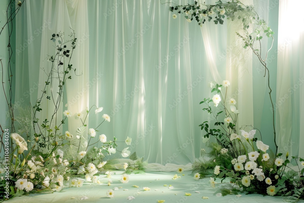 Poster modern scandinavian style pale mint studio backdrop with a matte finish, white sheer curtains with s