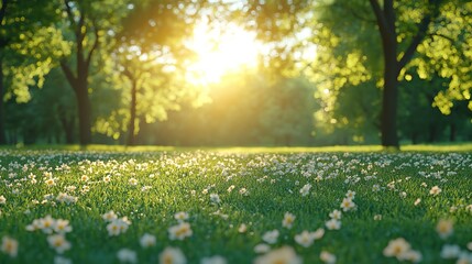 Obraz premium A blurred background of trees and grass with Hello Summer text in the center