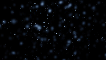 Winter freeze motion of blue snow coming down, isolated on black background. Snowfall texture overlays.