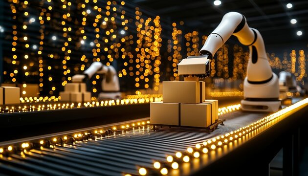 A robotic arm places boxes on a conveyor belt illuminated by lights, showcasing automation in a modern warehouse.