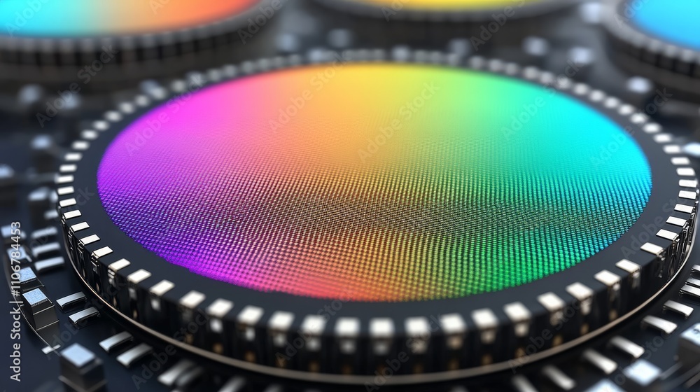 Poster macro image of a rainbow colored silicon wafer with intricate circuitry, showcasing semiconductor te