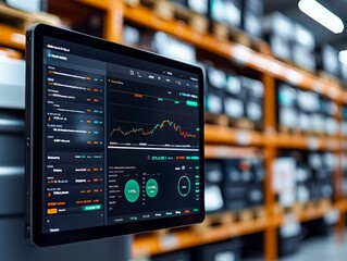 A tablet displays data analytics and stock information in a modern warehouse setting, showcasing technology in logistics.
