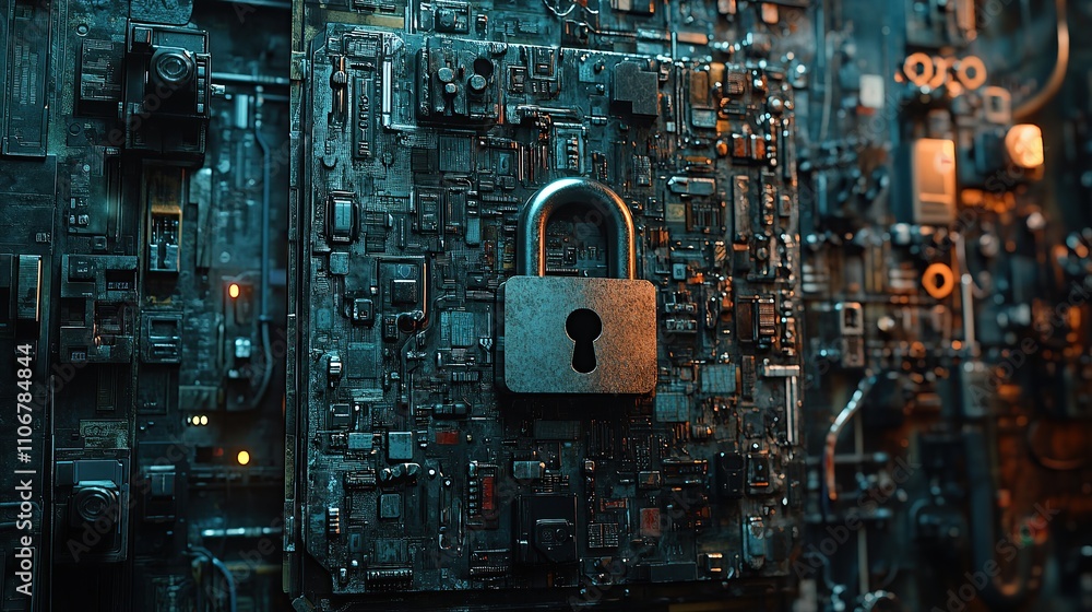 Poster a digital circuit board with a padlock symbolizing security and protection.