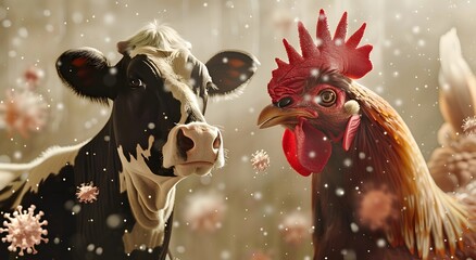 A black and white cow and a rooster face each other amidst a gentle snowfall.  A captivating image of farm animals in winter.