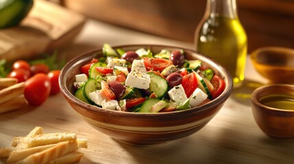 A vibrant Greek salad with olives, feta cheese, cucumbers