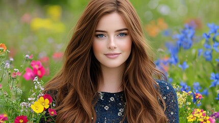 Naklejka premium Beautiful Redhead Woman in Vibrant Flower Garden