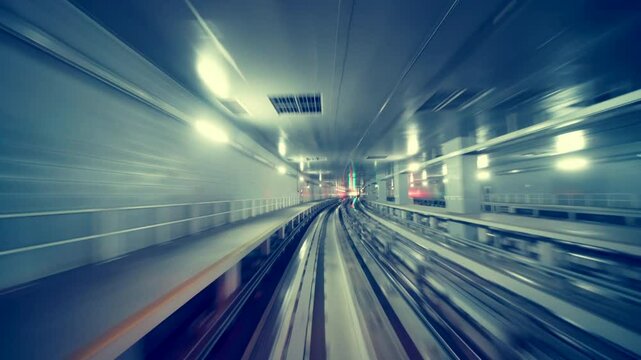 An appearance from the front of the shuttle train moving in tunnel