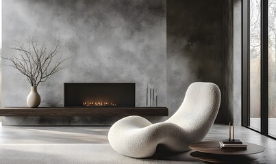  Minimalist, loft interior design of modern living room. Boucle fabric armchair against blank concrete wall with copy space 

