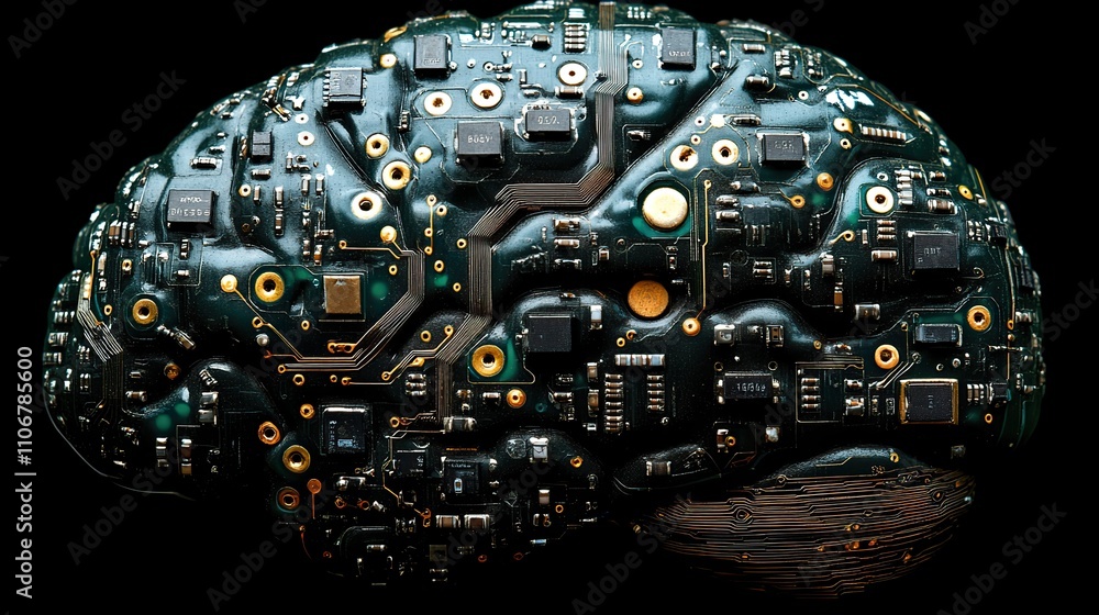Poster a brain-shaped circuit board with artificial intelligence elements, representing ai technology