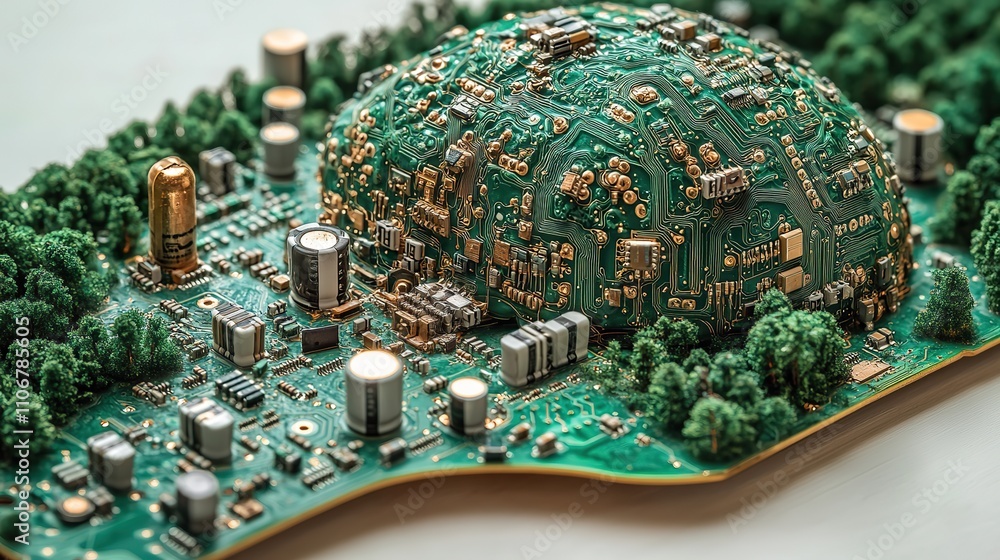 Poster a brain-shaped circuit board with artificial intelligence elements, representing ai technology