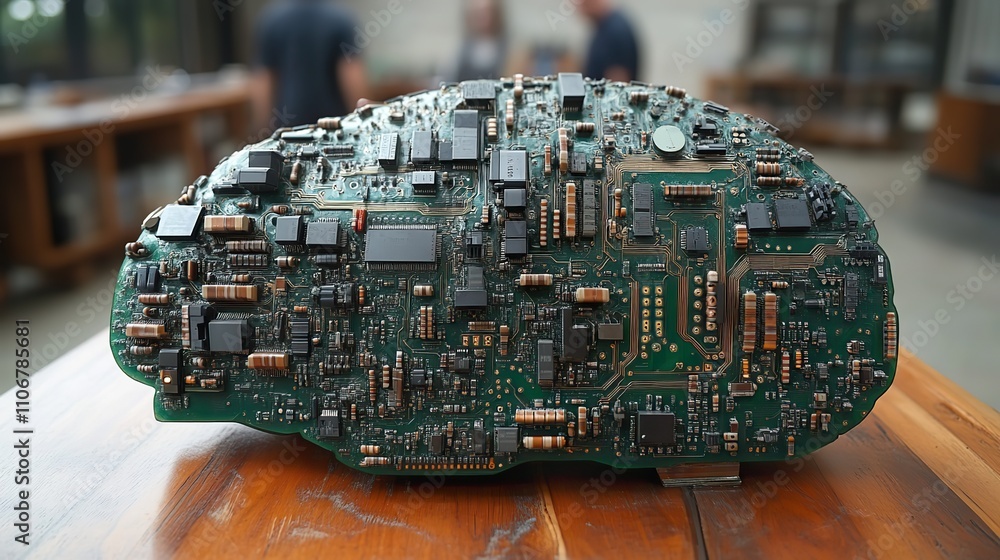Poster a brain-shaped circuit board with artificial intelligence elements, representing ai technology