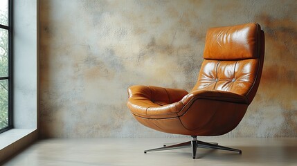 A brown leather recliner offers comfort and modern design against a minimalist backdrop