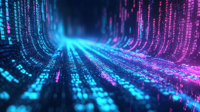 A glowing digital interface with streams of binary code and abstract data points, symbolizing data flow and technology