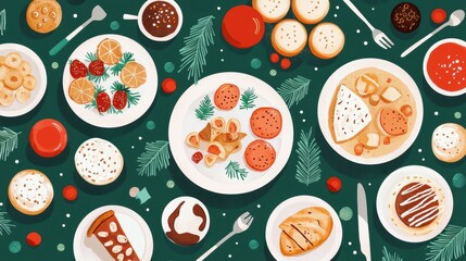 A festive assortment of desserts and treats displayed on plates, surrounded by green foliage, evoking a cheerful holiday atmosphere.