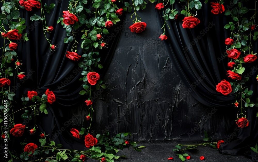 Aufkleber obsidian black studio backdrop with a matte finish, obsidian black satin curtains with red roses and