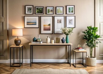 Stylish Interior Decor with Empty Picture Frames Above Console Table in Modern Living Room