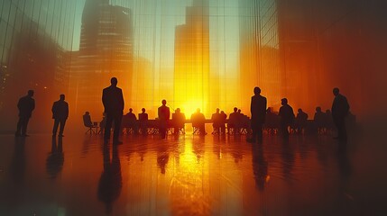 Fototapeta premium A business team having a meeting in a boardroom, with a double exposure effect of an office building in the background