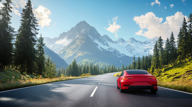 Red Car Driving on Mountain Road