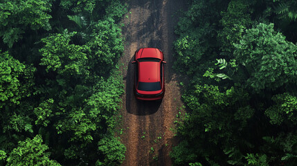Red Car on Rainforest Road  Aerial View