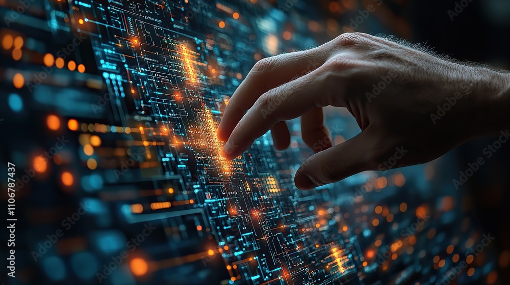 Poster a businessman interacts with a digital file system on a virtual screen this image depicts a business