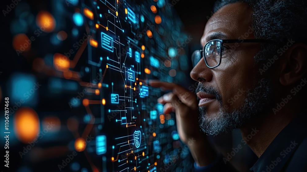 Poster a businessman interacts with a virtual digital document management system with a data flow diagram o