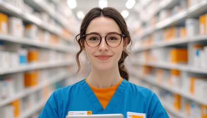 A confident pharmacist stands in a well-stocked pharmacy aisle, smiling while holding a tablet, wearing blue scrubs and glasses.